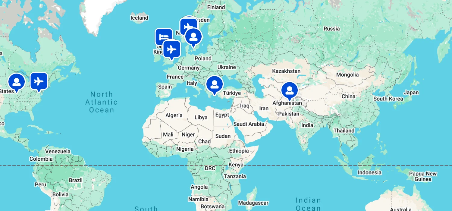 Aircraft in flight shown alongside travellers and hotels on the tracking map