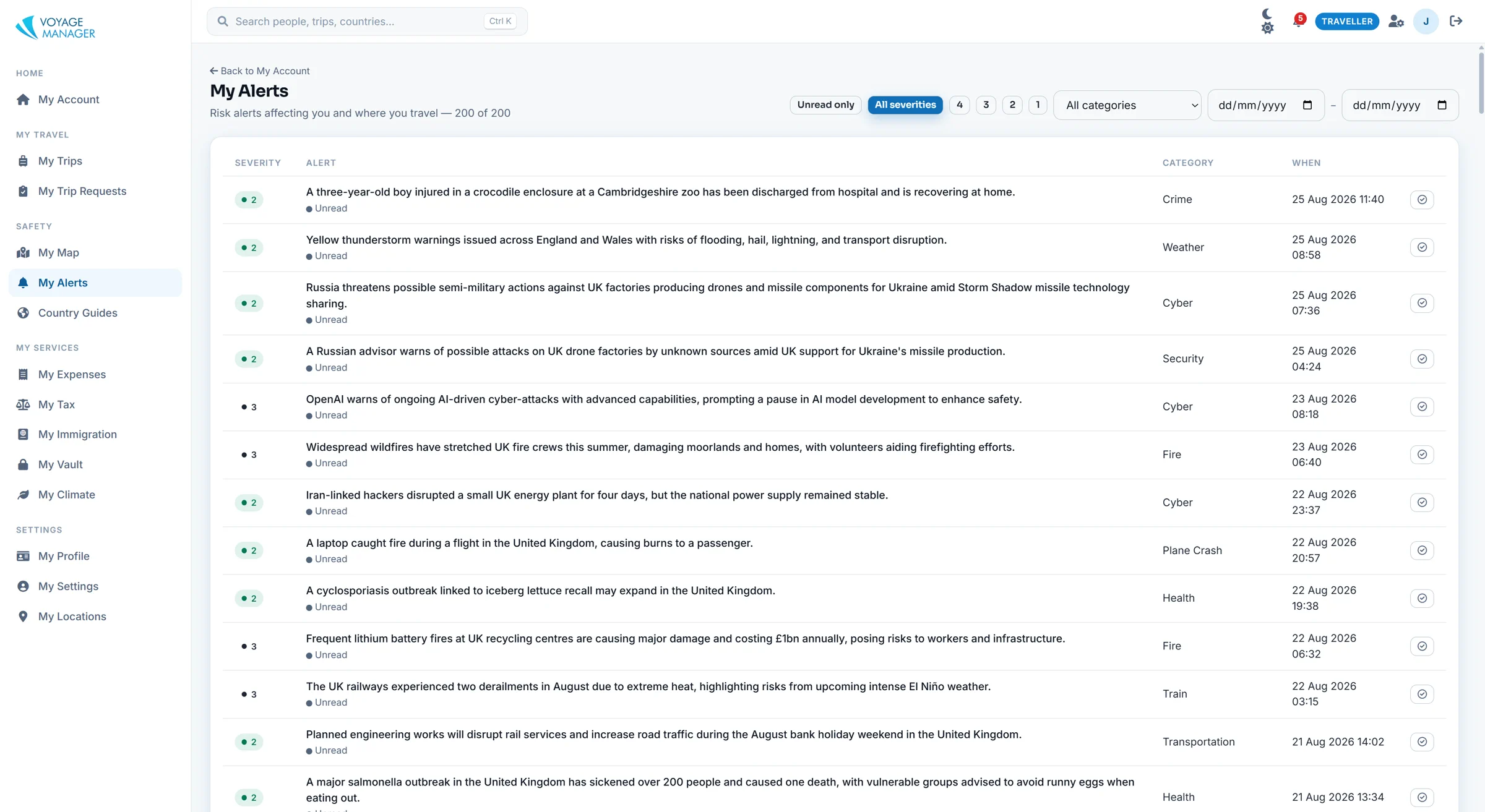 Personalised risk alerts matched to a traveller